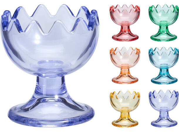Eggeglass blå,lilla,gul etc h:6cm 6ass 24stk i innerkartong 