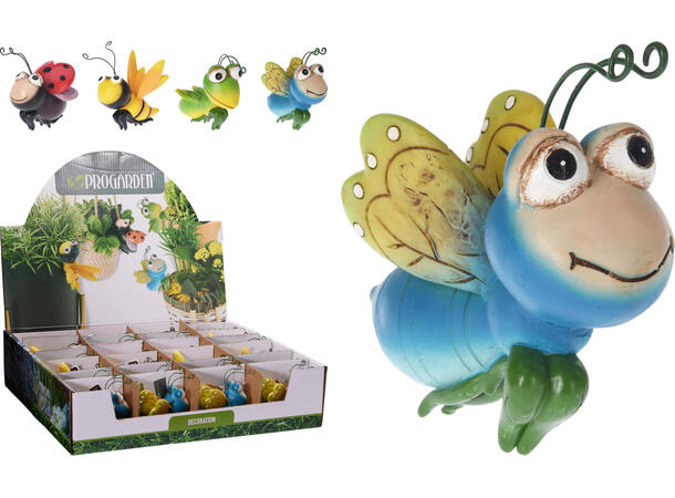 Figur insekt henge til potte 8x5cm 4ass 24 stk i display. Polystone 