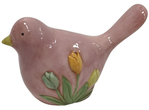 Fugl rosa keramikk m/blomst 10,5x5x7cm Forpk 12stk 