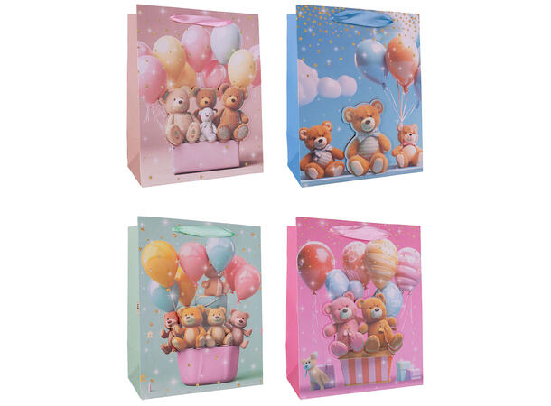 Gavepose Bamse m/ballong 18x23x10cm 4ass Forpk 12stk 