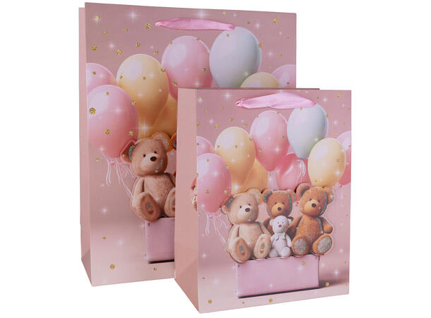 Gavepose Bamse m/ballong 18x23x10cm 4ass Forpk 12stk 