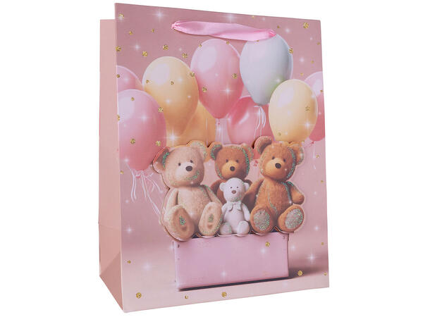 Gavepose Bamse m/ballong 18x23x10cm 4ass Forpk 12stk 