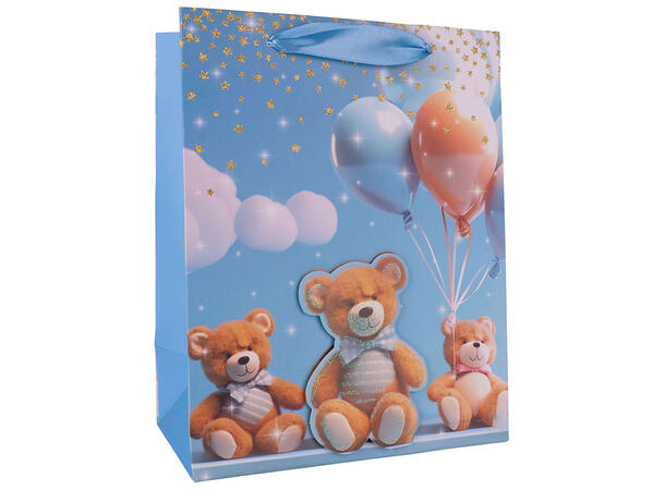 Gavepose Bamse m/ballong 18x23x10cm 4ass Forpk 12stk 