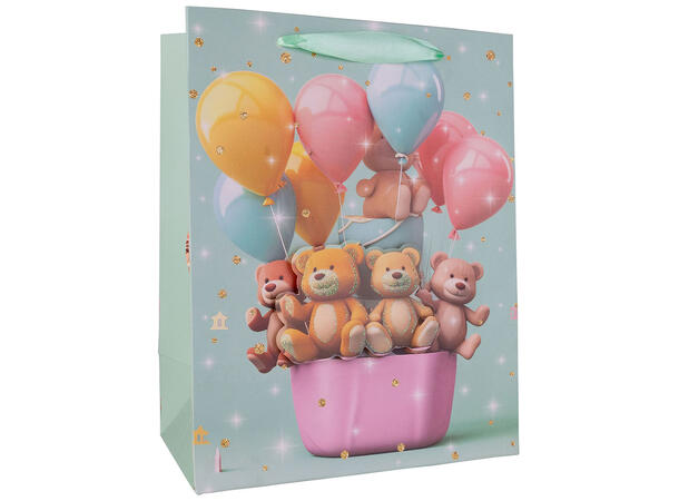 Gavepose Bamse m/ballong 18x23x10cm 4ass Forpk 12stk 