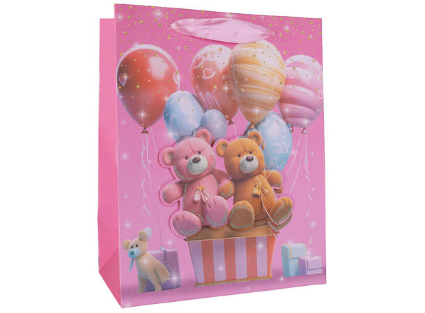 Gavepose Bamse m/ballong 18x23x10cm 4ass Forpk 12stk 