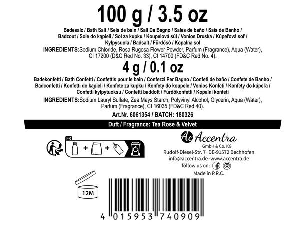 Gavesett 100gr badesalt rose PE ch.glass Vegansk Uten parabener/SLES 