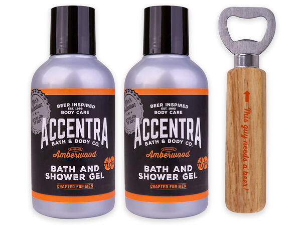 Gavesett 2x150ml Dusjsåpe m/flaskeåpner Amberwood Vegansk Uten parabener/SLES 