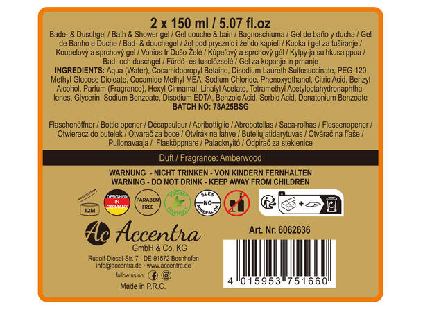 Gavesett 2x150ml Dusjsåpe m/flaskeåpner Amberwood Vegansk Uten parabener/SLES 