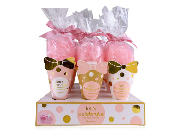 Gavesett Dusjgel 60ml m/svamp Roseduft Display 12stk Vegansk Uten parabener 