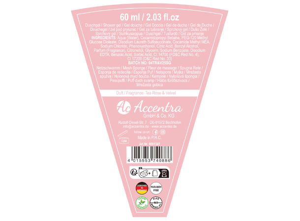 Gavesett Dusjgel 60ml m/svamp Roseduft Display 12stk Vegansk Uten parabener 