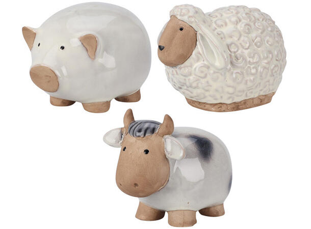 Gårdsdyr glasert porselen 7x9x8cm 3ass 