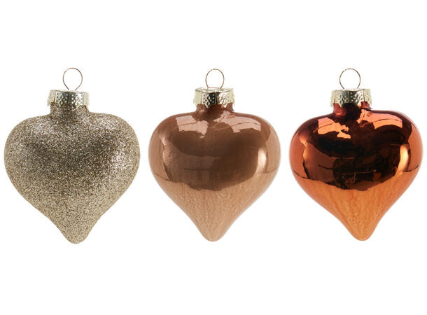 Hjerter glass amber 7,5cm 9stk Forpk 8pk à  9stk i eske Glitter/blank 