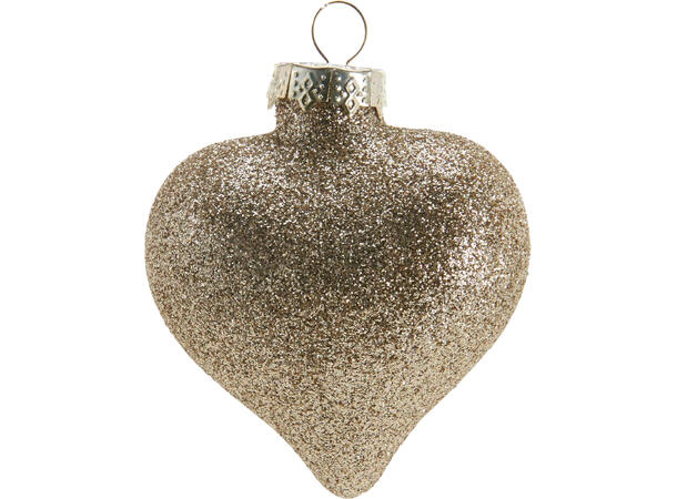 Hjerter glass amber 7,5cm 9stk Forpk 8pk à  9stk i eske Glitter/blank 