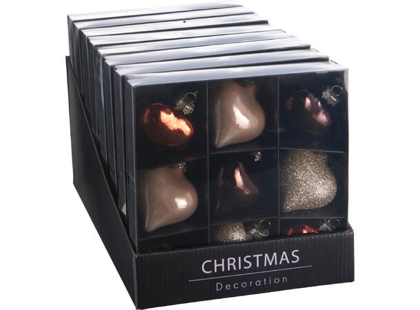 Hjerter glass amber 7,5cm 9stk Glitter/blank 9 stk i eske/på brett 