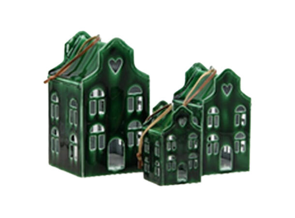 Hus lykt grønn emaljert metall 8x8x14cm Til telys og led telys 