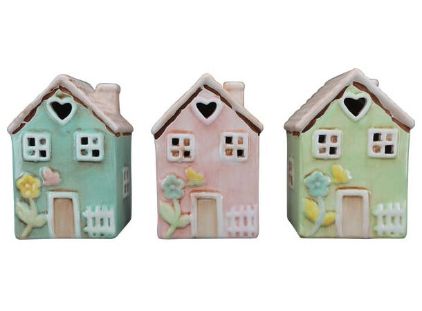 Hus pastell LED porselen 7x6x11cm, 3ass. Inkludert batteri 