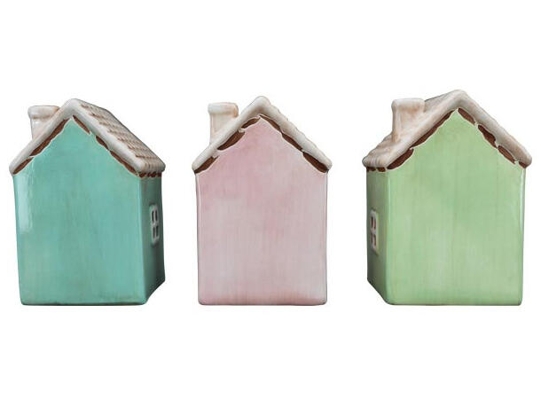 Hus pastell LED porselen 7x6x11cm, 3ass. Inkludert batteri 