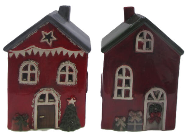 Hus rød LED keramikk 9,5x6,9x13,8cm 2ass 