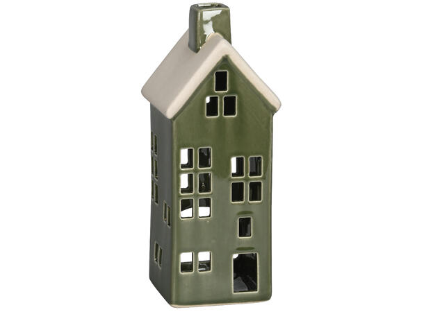 Hus telys keramikk grønn m/hvit h:21,5cm 8,5x8x21,5cm 