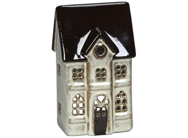 Hus telys keramikk krem m/brun h:17,5cm 10x7,5x17,5cm 