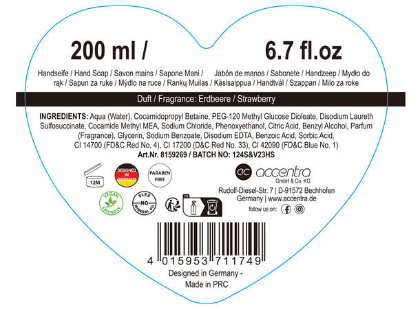 Håndsåpe 200ml jordbærduft m/armbånd Forpk 6stk Vegansk Uten parabener/SLES 