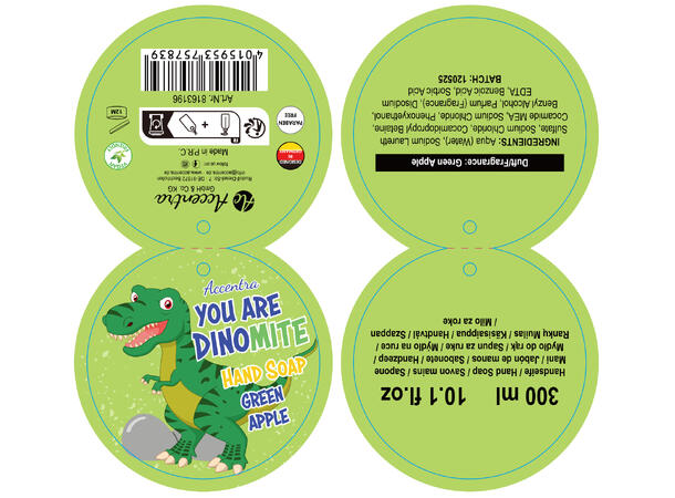 Håndsåpe Dinosaur pumpe 300ml Duft: Eple Forpk 6stk 