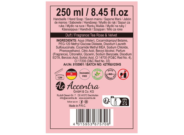 Håndsåpe champagneflaske m/pumpe 250ml Vegansk Uten parabener/SLES m/roseduft 
