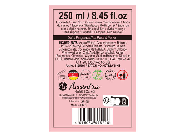 Håndsåpe champagneflaske m/pumpe 250ml Vegansk Uten parabener/SLES m/roseduft 