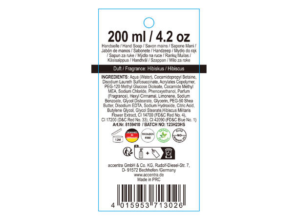 Håndsåpe glasspumpe 200ml Duft: Hibiskus Vegansk Uten parabener/SLES m/hibiskus 