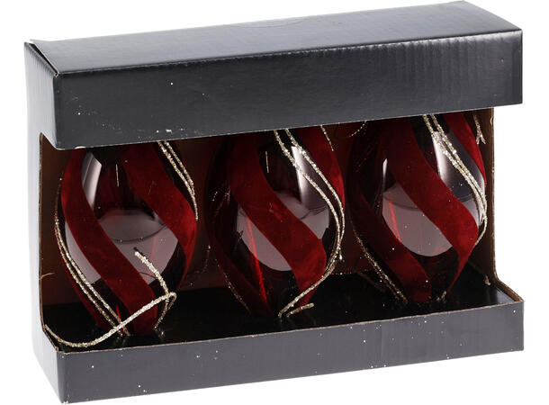 Julekule dråpe burg. glass 13cm 3stk Velur/glitter med gulltopp 