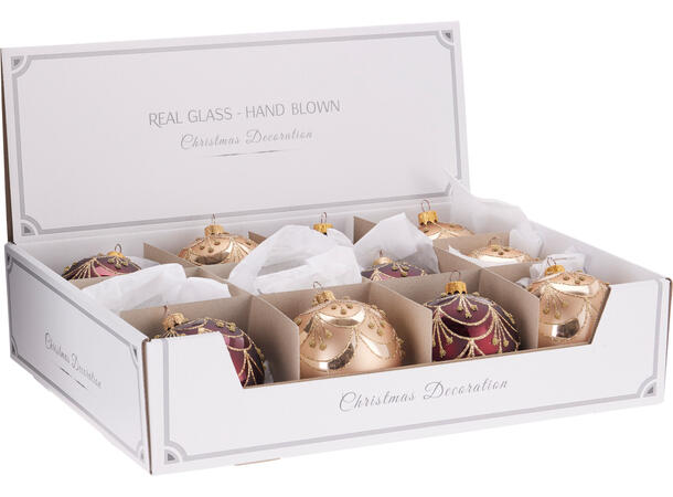 Julekule glass med glitter 8cm 6ass Display 12stk. Håndlaget i Ukraina 