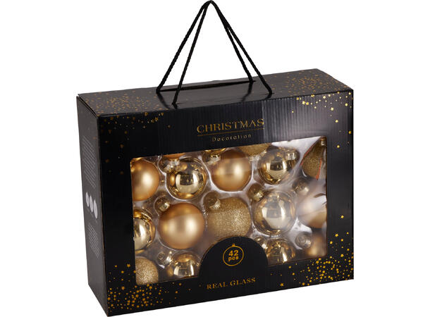 Julekule glass mix gull finish 42stk 50-65mm. I gaveeske 