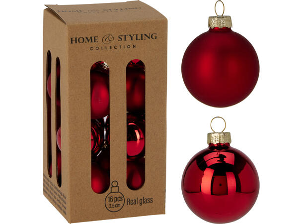 Julekule glass rød 3,5cm 16stk 8 matt + 8 blank i krafteske 