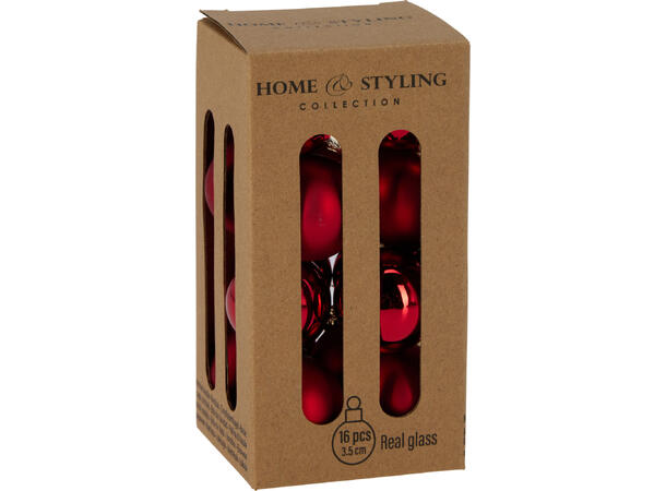 Julekule glass rød 3,5cm 16stk 8 matt + 8 blank i krafteske 
