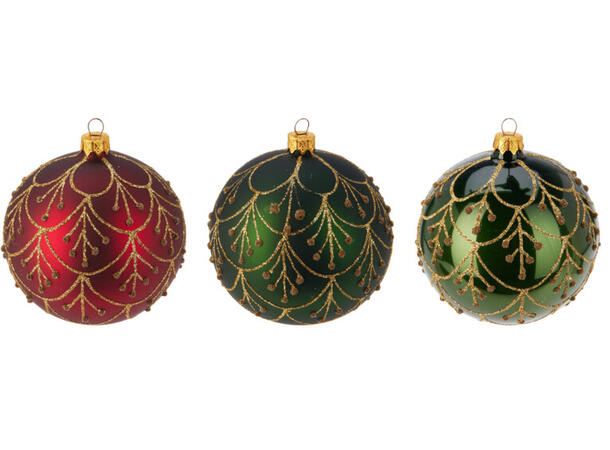 Julekule glass rød/grønn glitte 8cm 4ass Display 12stk. Håndlaget i Ukraina 