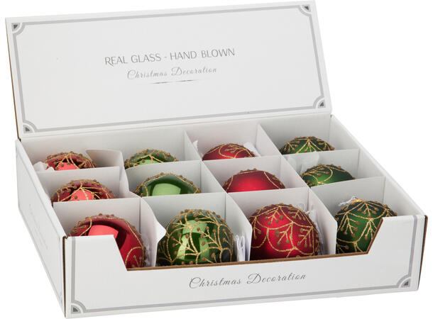 Julekule glass rød/grønn glitte 8cm 4ass Display 12stk. Håndlaget i Ukraina 