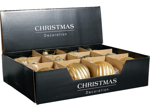 Julekule gull/champagne glass  8cm 3ass Display 12stk Gull topp/snor 