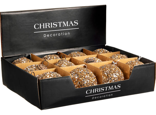 Julekule ornament m/perler gull 8x8,5cm Display 12stk 