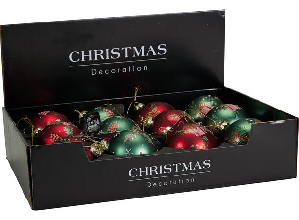 Julekule rød/grønn matt glass 8cm 2ass Display 12stk 