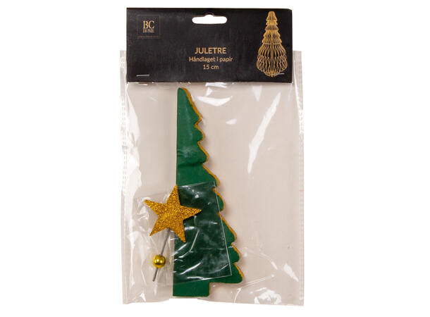 Juletre papir grønn m/gull/stjerne 15cm 