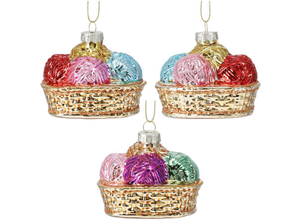 Juletrepynt strikkekurv glass 6,5cm 3ass Display 12stk 