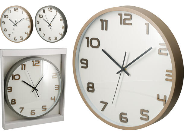 Klokke vegg PP/glass 35cm 2ass grå, sand Batteri: 1xAA ikke inkl 