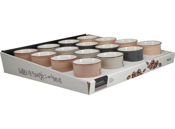 Krus espresso keramikk 10x7,5x6,5cm 4ass 16stk i display. .ed pregede kaffetekst 