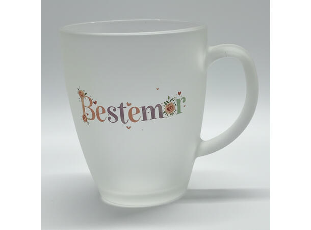 Krus frostet glass m/hjerte Bestemor 10c 12x9x10cm. Nøkkelring m/hjerte av PU 