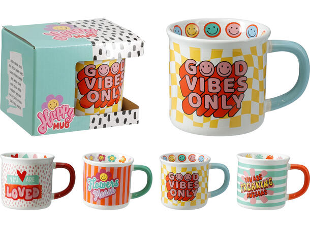 Krus porselen Good Vibes 9cm 350ml 4ass Med dekor inni og utenpå. I gaveeske 