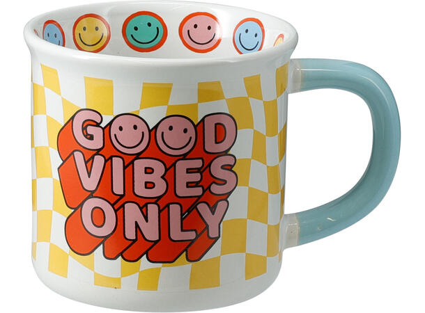 Krus porselen Good Vibes 9cm 350ml 4ass Med dekor inni og utenpå. I gaveeske 