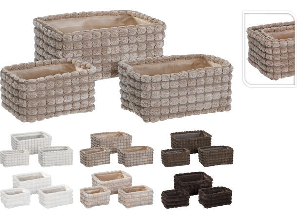 Kurv jordfarger fløyel/pels 6ass s/3 Forpk12 20x14x10cm 24x16x11cm 26x21x12cm 