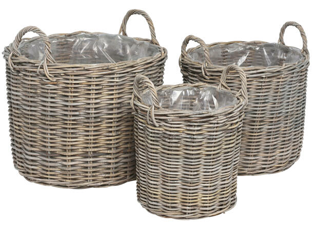 Kurv naturgrå flettet rund m/håndtak S/3 36xh41cm 41xh49cm 53x54cm 