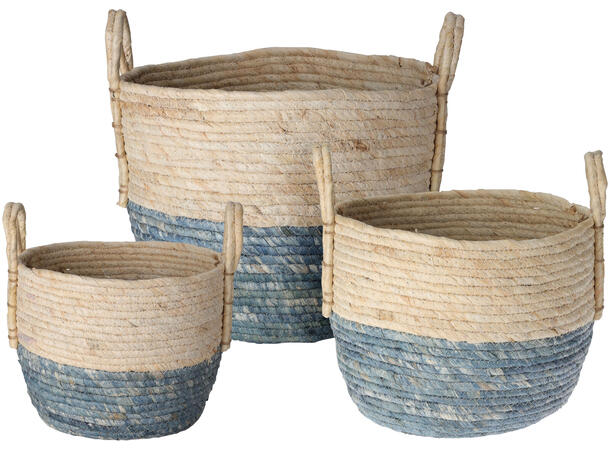 Kurvsett flettet natur/blå m/hank s/3 24x19cm / 29x22cm / 33x26cm 