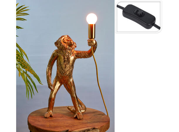 Lampe bord gull ape 23x21x38cm Ledning 180cm m/bryter E14 lyspære 